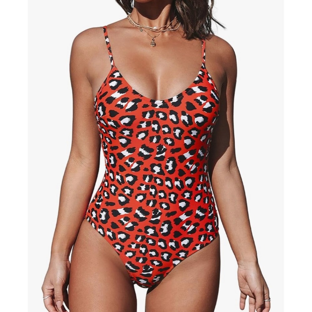 Red Leopard Print One Piece Swimsuit Criss Cross Back Bathing Suit Summer NWT